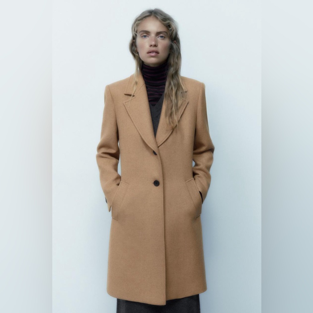 ZARA FITTED WOOL BLEND COAT WOMEN’S TAUPE BROWN SHOULDER PAD SIZE LARGE